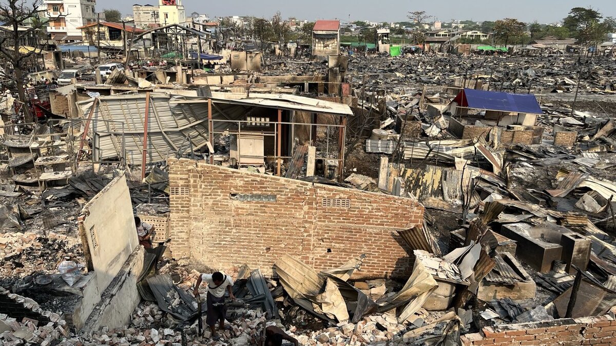 Ruined houses after fire in Myanmar