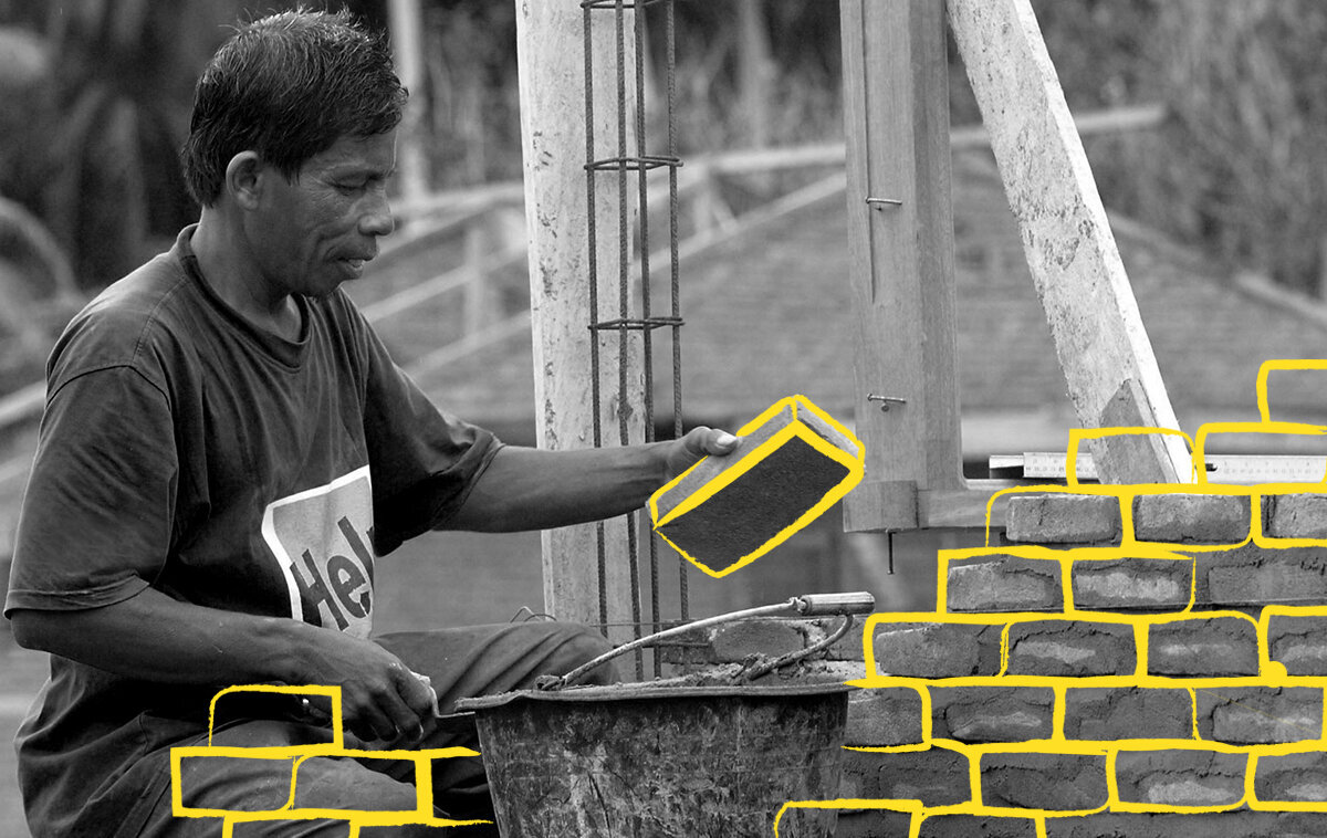 Help – Hilfe zur Selbsthilfe. Hilfe, die weiter macht. Ein Mann baut eine Mauer