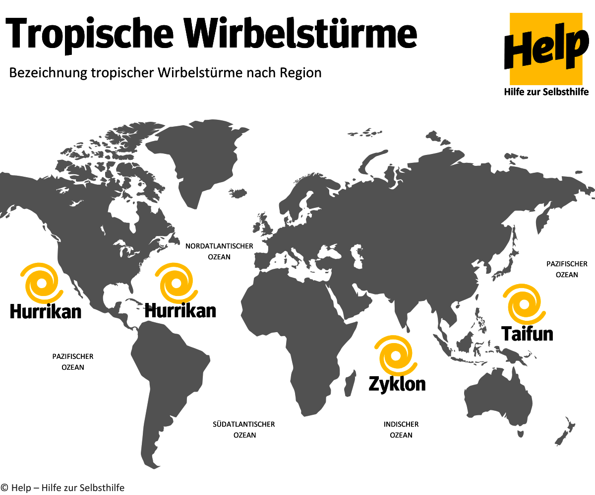 Karte zum Vorkommen von tropischen Stürmen 