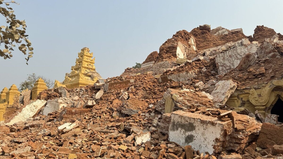 Destroyed temple after earthquake in Myanmar